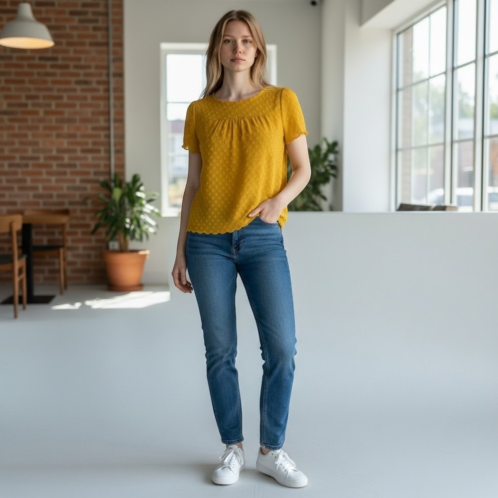 Anthropologie Maeve blouse features a distinct Swiss dot‎ texture size 4 mustard